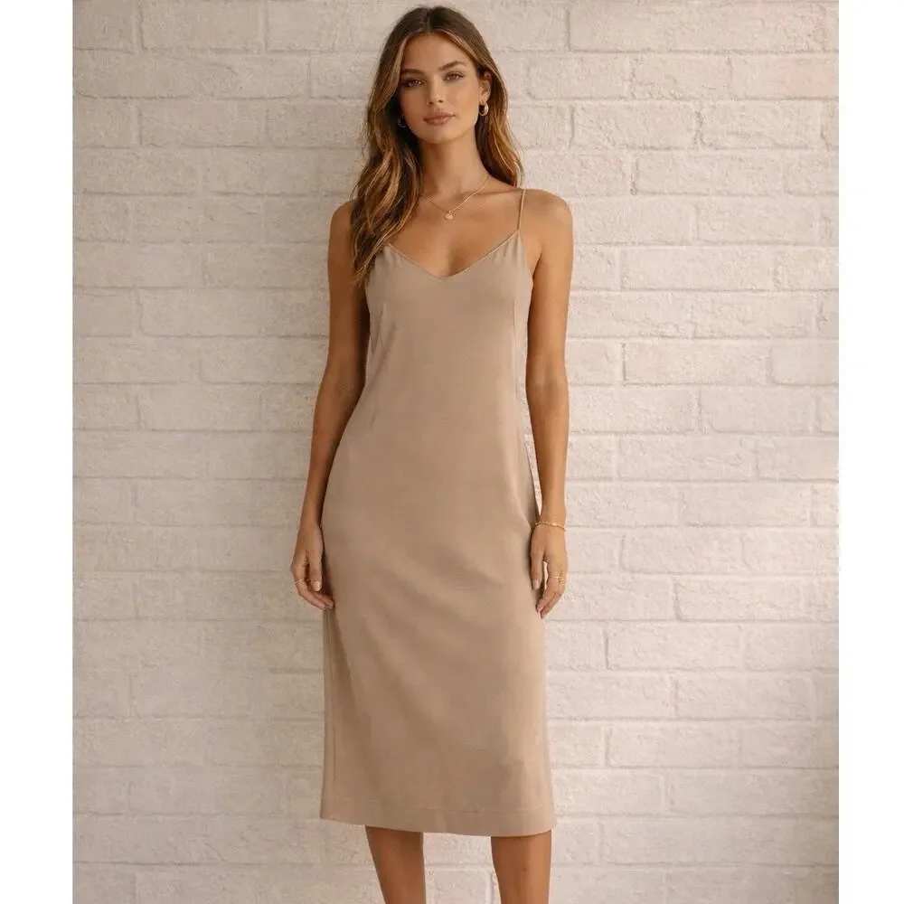 Akris Stretch Knit Midi Slip Dress Beige Size 8 - Picture 3 of 13